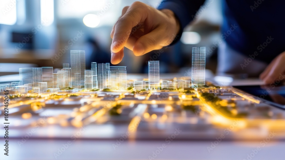 Poster hand interacting with a city model displaying illuminated buildings