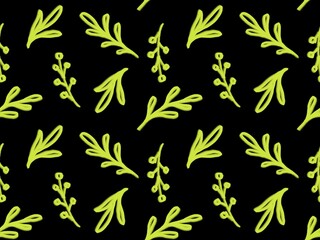 Seamless floral pattern with green yellow plant elements on a black background. Laconic and stylish design with minimalistic branches, ideal for textiles, wallpaper and packaging.