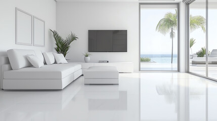 Modern living room with white decor and large windows, offering ocean views.