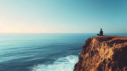 Meditating on a Cliffside Overlooking the Vast Ocean with Crashing Waves Embracing the Peacefulness of the Open Horizon