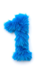 Photograph of the number one made of blue faux fur on a white background. The bright and original design creates an attractive visual effect, ideal for creative projects, logo design. Generative AI