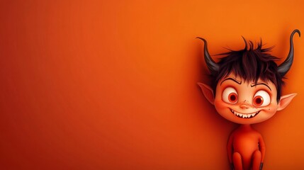 Cute little cartoon devil smiling on orange background