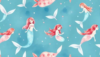 Obraz premium Mermaids background with watercolor illustration, seamless pattern AI Generate