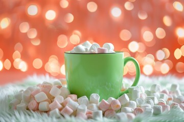 Cozy green cup with marshmallows on fuzzy background