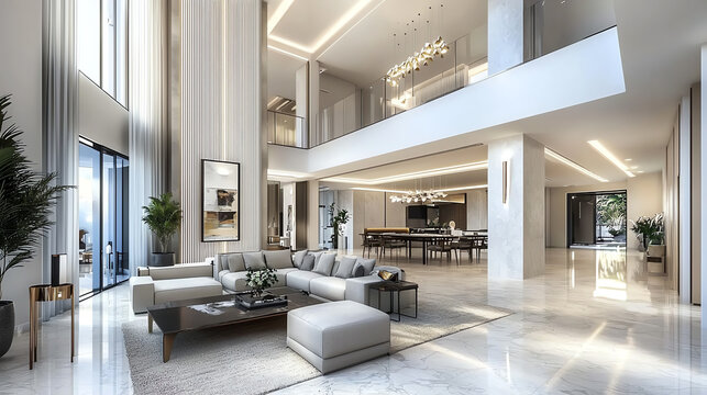 Modern spacious living room with elegant decor and natural light, stylish interior design.