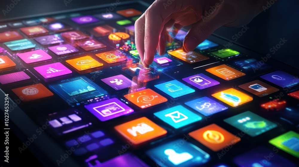 Poster hand interacting with a futuristic tablet interface