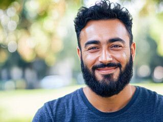 Fototapeta premium Confident Modernity Close-Up Portrait of Happy Young Man with Attractive Beard in Park