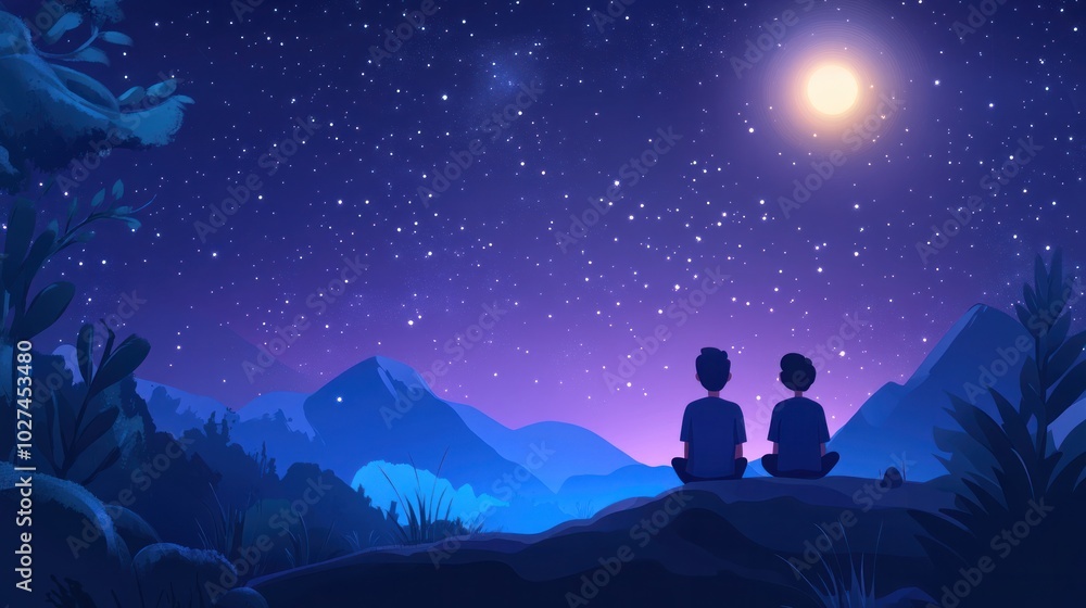 Wall mural stargazing vector illustration, depicting characters looking up at the stars, peaceful night sky and