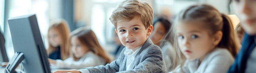 A group of children are sitting in front of a computer monitor