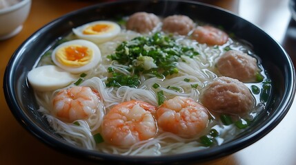  In the bowl, there are rice noodles with shrimp and meatballs in clear broth