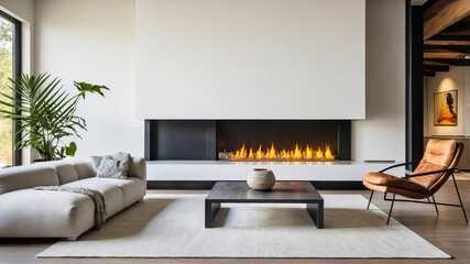 Stylish Living Room with Modern Fireplace and Leather Chair