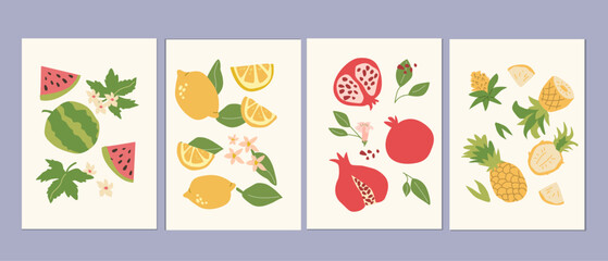 Abstract modern posters with fruits, flat design collection. Set of Vertical cards with tropical fruits whole, slices, pieces.Watermelon, lemons, pineapple, pomegranate