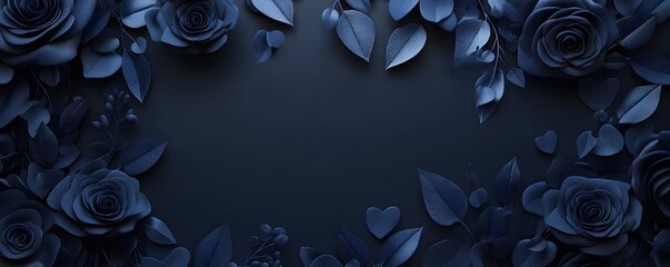 Navy Blue Roses and Leaves Border on Dark Background