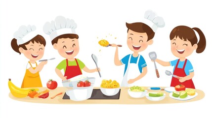 Teaching kids to cook vector, depicting parents guiding children through simple recipes in the kitchen