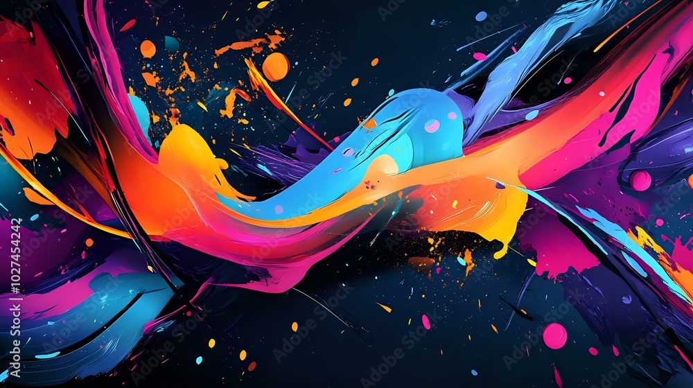 Poster Abstract background with vibrant splashes of neon colors, swirling brushstrokes and dynamic lines creating a chaotic yet artistic feel