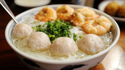  In the bowl, there are rice noodles with shrimp and meatballs in clear broth