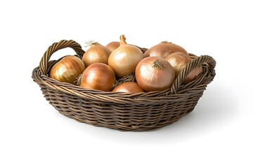 Fresh Brown Onions in Wicker Basket Isolated on White Background