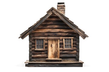 Rustic Wooden Cabin Model with Chimney  Windows  and Door