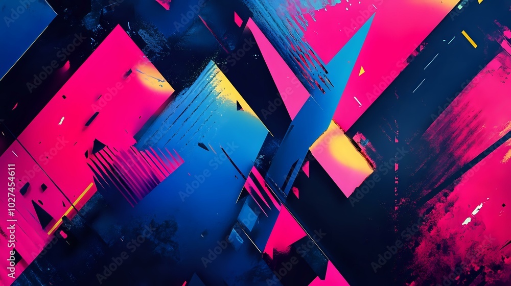 Poster bold and vibrant abstract background with sharp geometric shapes and bright neon colors, creating a 