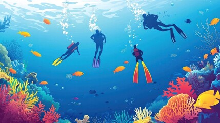 Fototapeta premium Underwater activities vector illustrations, featuring snorkeling, scuba diving, and exploring coral reefs