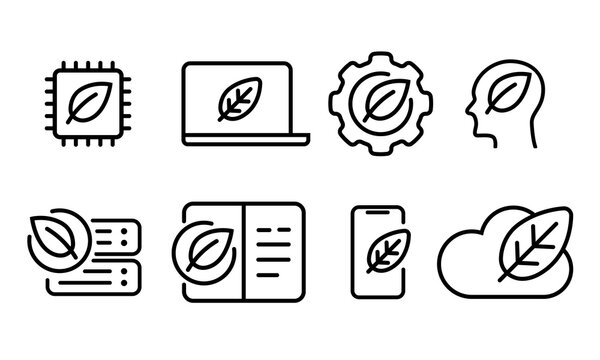 eco green tech technology sustainable low carbon emission ICT server computing icon collection set vector graphic illustration
