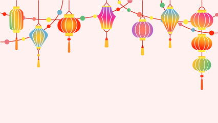 Chinese colored holiday lanterns with garland on pink background. 