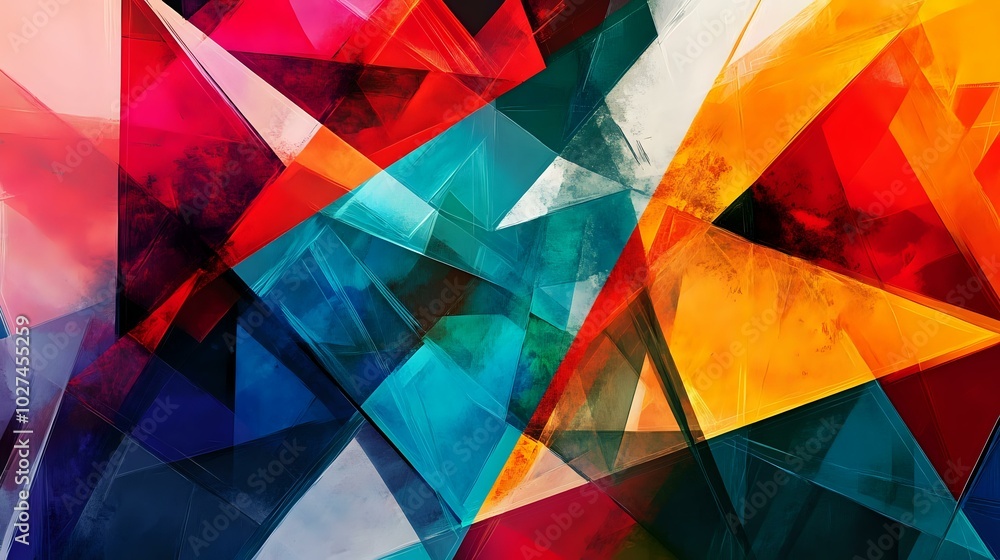 Poster Geometric abstract background with sharp angles and vibrant colors like red, blue, and green, creating a dynamic, modern design