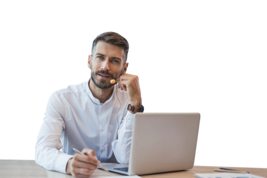 Male customer support operator with headset and smiling on a transparent background