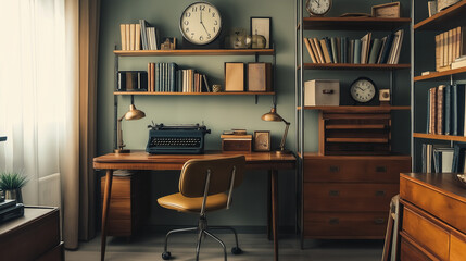 Cozy home office combining vintage charm and modern practicality with a mid-century desk, retro decor, and an ergonomic chair. Soft muted colors create a calm focus atmosphere. 