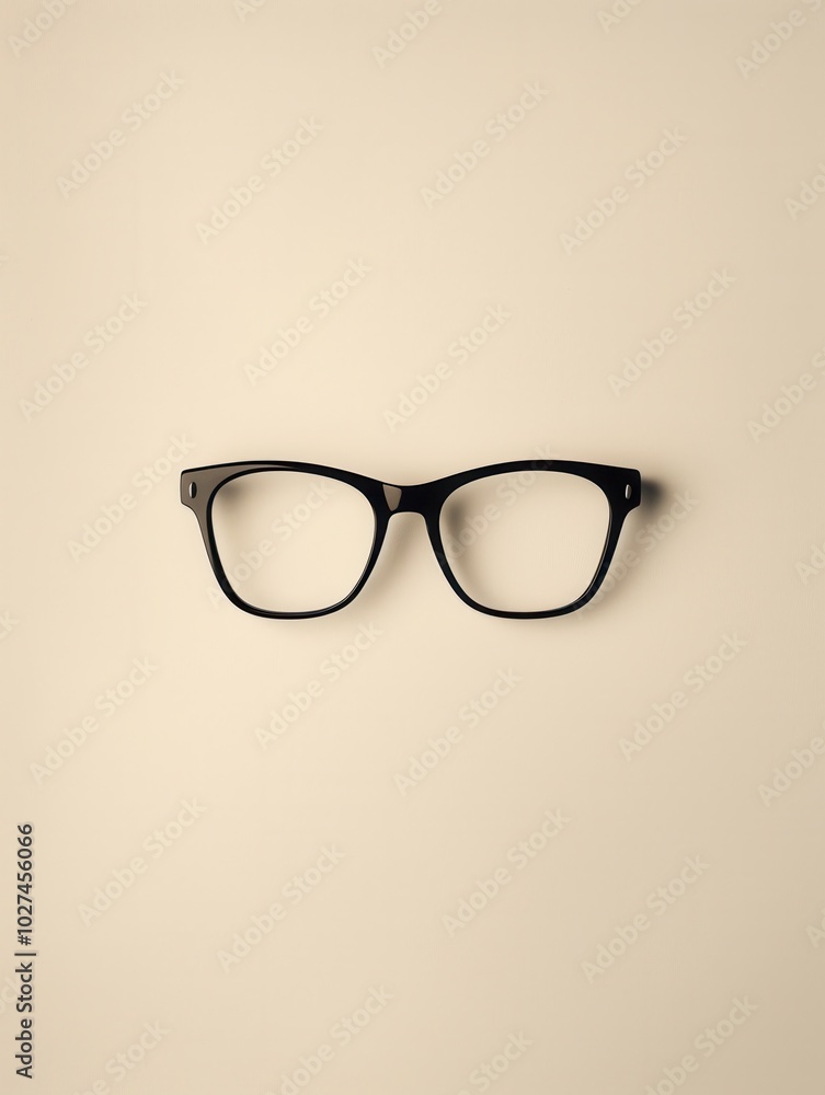 Poster A pair of stylish black eyeglasses with clear lenses is neatly placed on a soft beige surface, highlighting their sleek design. Generative AI