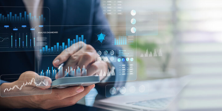 Innovative finance and investment solutions integrating data analytics and AI technology to boost business growth, refine strategy, Businessman analyzing financial data on smartphone dashboard.