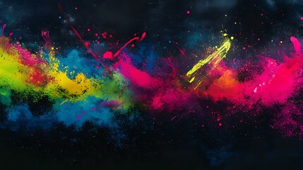 Neon abstract background with bright colors like lime green, hot pink, and electric blue splashed across a dark canvas