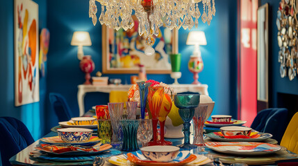 Whimsical dining room combining modern elegance with playful elements, featuring colorful tableware and a blown glass chandelier. Deep blue walls contrast with vibrant decor for a joyful atmosphere