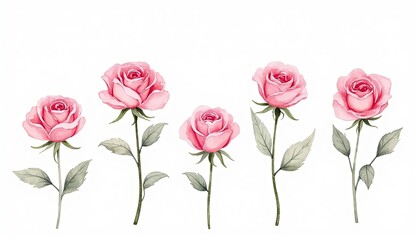 Set of pink roses on white background, watercolor botanical illustration AI Generate