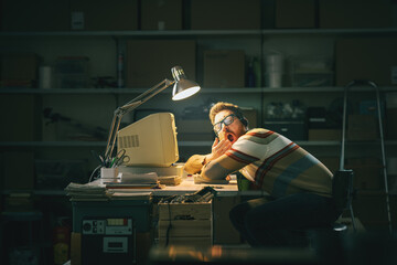 Nerd guy falling asleep at his desk in the garage