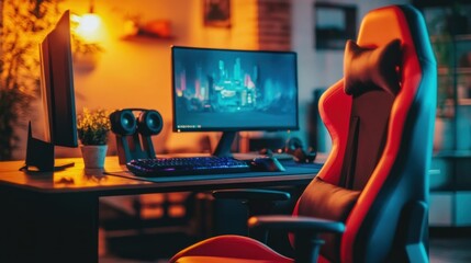 Gaming Setup with Red and Black Ergonomic Chair