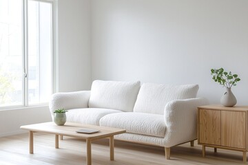 Minimalist, modern Scandinavian interiors in the living room with wood cabinets and sofas. Generative AI
