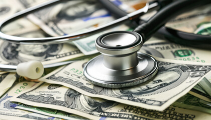 Stethoscope is on top of a stack of money. The stethoscope is silver and the money is green