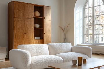 Obraz premium A modern Scandinavian interior in the living room with minimalist, arched windows and wood cabinets and sofas. Generative AI 
