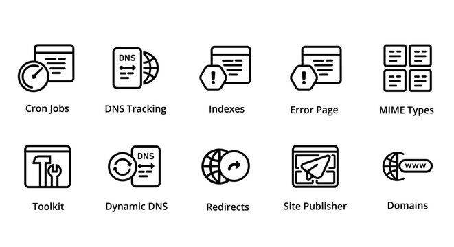 toolkit site publisher dynamic DNS cron jobs scheduled tracking error page icon collection set vector graphic illustration web hosting server management tools