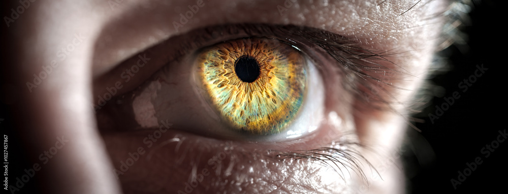 Poster an exceptional and stunning closeup view of an eye featuring vibrant colors and intricate patterns