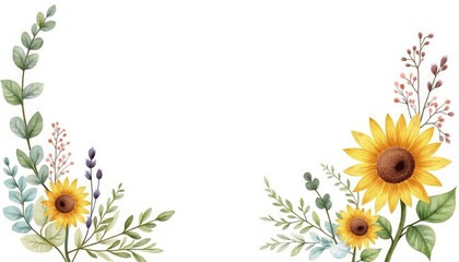 Fototapeta premium Greeting card, invitation with text space, summer flowers and herbs, eucalyptus and sunflowers on white background, watercolor illustration, hand drawing AI Generate