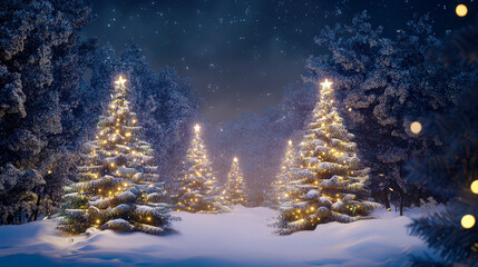 christmas landscape, magical christmas forest with lights and gifs