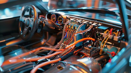 Intricate wiring harness in passenger car interior showcasing modern automotive electrical design