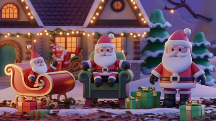 Merry 3D Christmas scene with three Santa Claus figures, a festive house, gift boxes, capturing the joyful spirit and traditions of the holiday season.