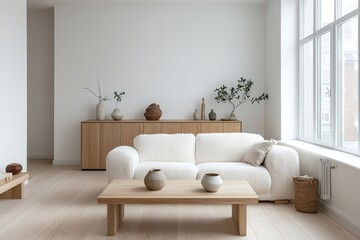 Minimalist, modern Scandinavian interiors in the living room with wood cabinets and sofas. Generative AI
