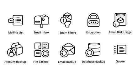 mailbox email filter spam file backup disk usage icon collection set vector graphic illustration web hosting server management tools
