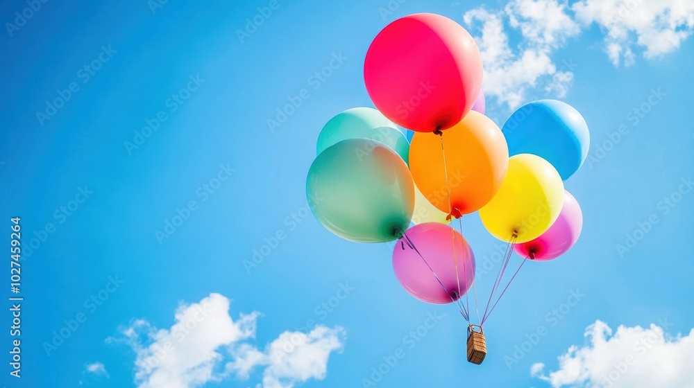 Poster a vibrant cluster of balloons floats gracefully against a backdrop of an azure sky, embodying celebr