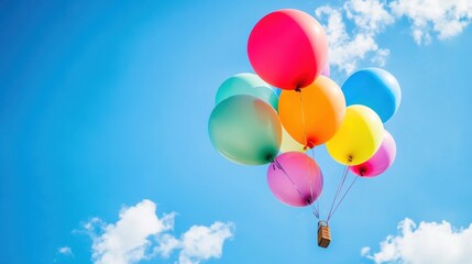 Obraz premium A vibrant cluster of balloons floats gracefully against a backdrop of an azure sky, embodying celebration and joy. Generative AI