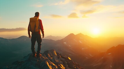 Obraz premium Successful Entrepreneur in Hiking Gear Admiring Breathtaking Mountain Sunrise Landscape